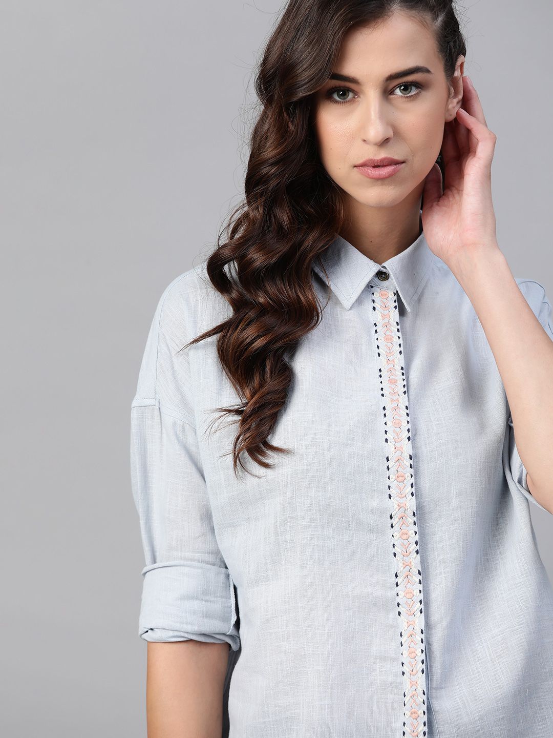 Roadster Women Blue Pure Cotton Solid Embroidered Casual Shirt