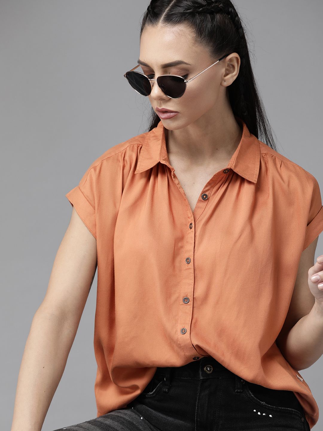 Roadster Women ECOVERO GreenTurn Rust Orange Solid Boxy Shirt