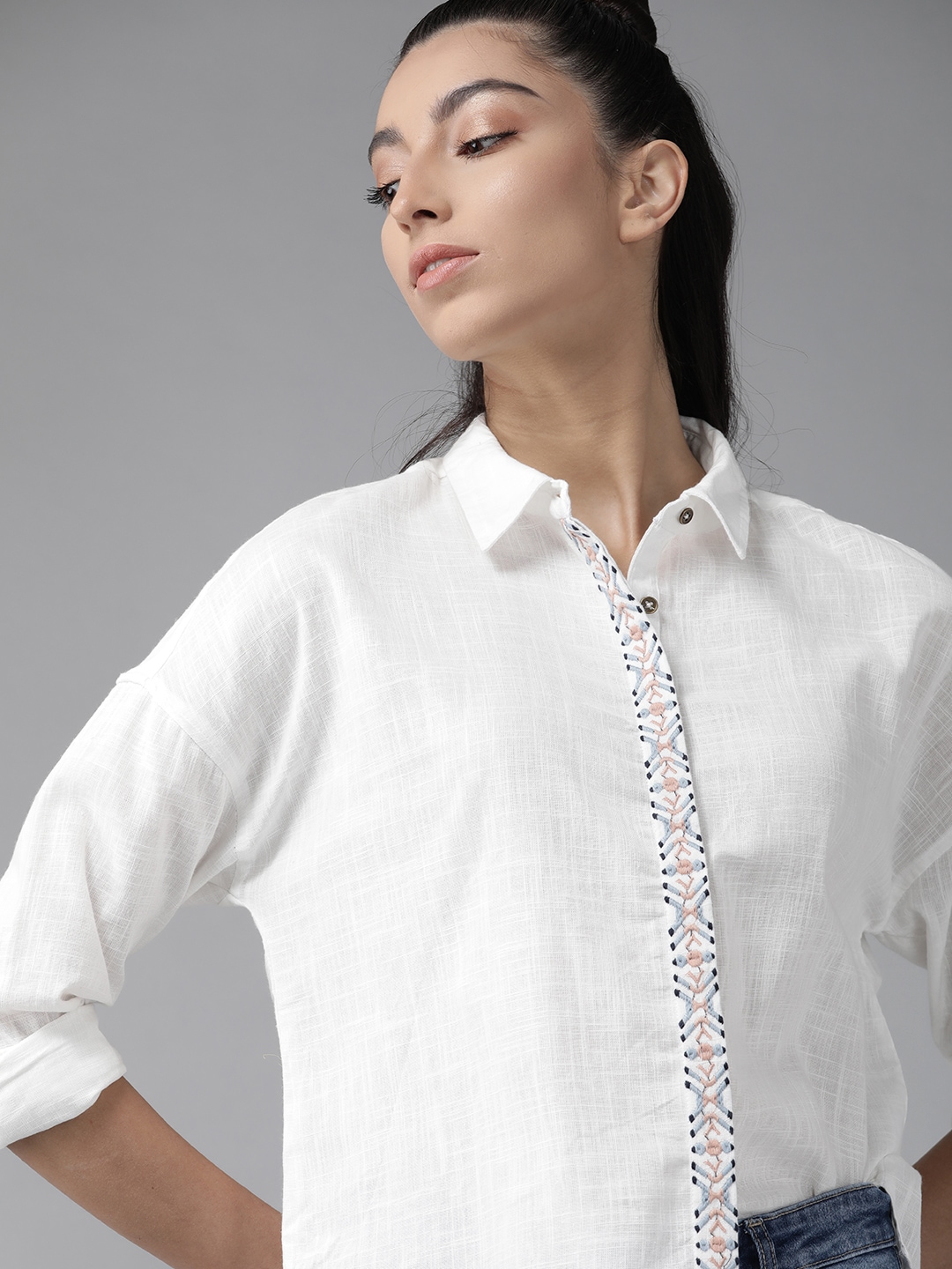 Roadster Women White Pure Cotton Regular Fit Solid Casual Shirt Price in India