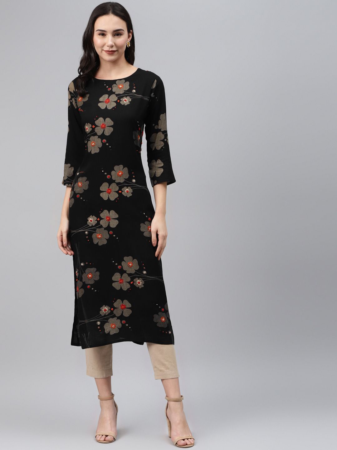 Nehamta Women Black & Beige Floral Printed Straight Kurta Price in India