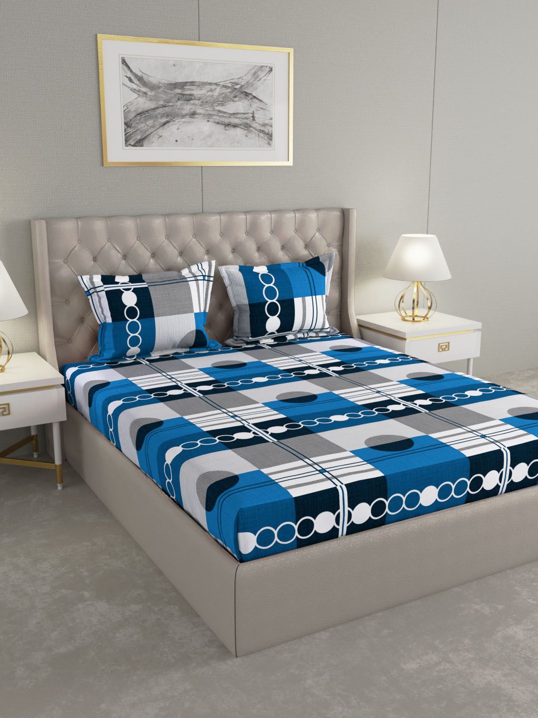 Raymond Home White & Blue Abstract 104 TC Cotton 1 Queen Bedsheet with 2 Pillow Covers Price in India