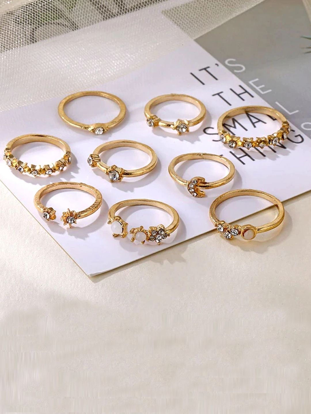 Jewels Galaxy Women Set of 9 Gold-Plated Stone-Studded Finger Rings Price in India