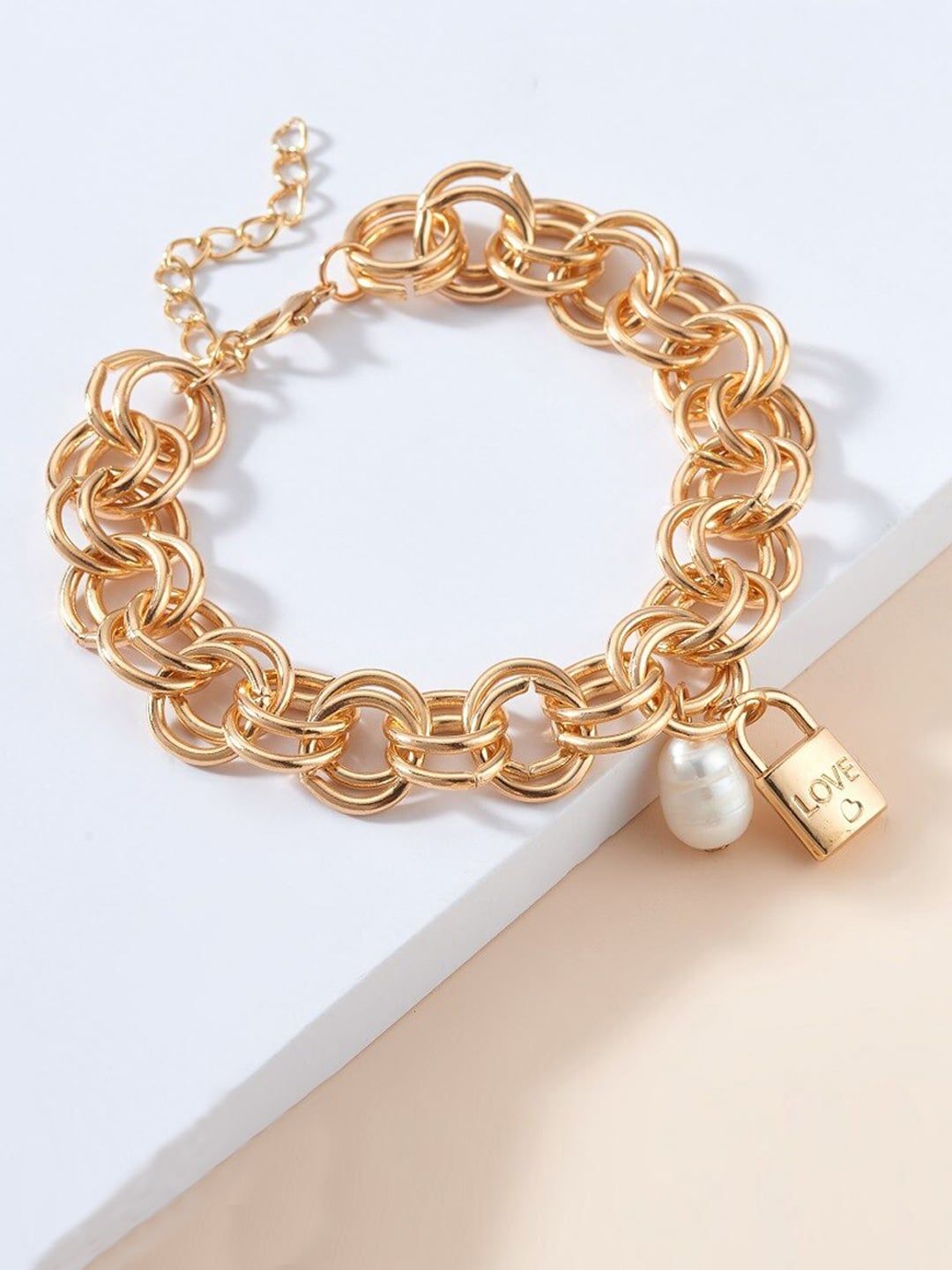 Jewels Galaxy Women Gold-Plated & Off-White Beaded Drop Link Bracelet Price in India