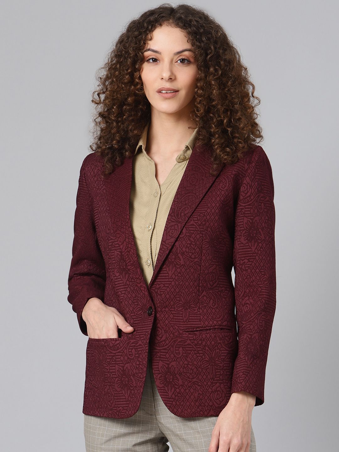 Shaftesbury London Women Maroon Self-Design Formal Blazer