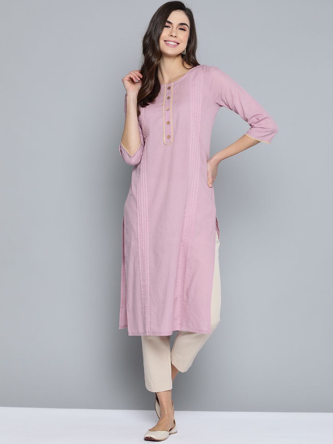 HERE&NOW Women Mauve Solid Pure Cotton Straight Kurta