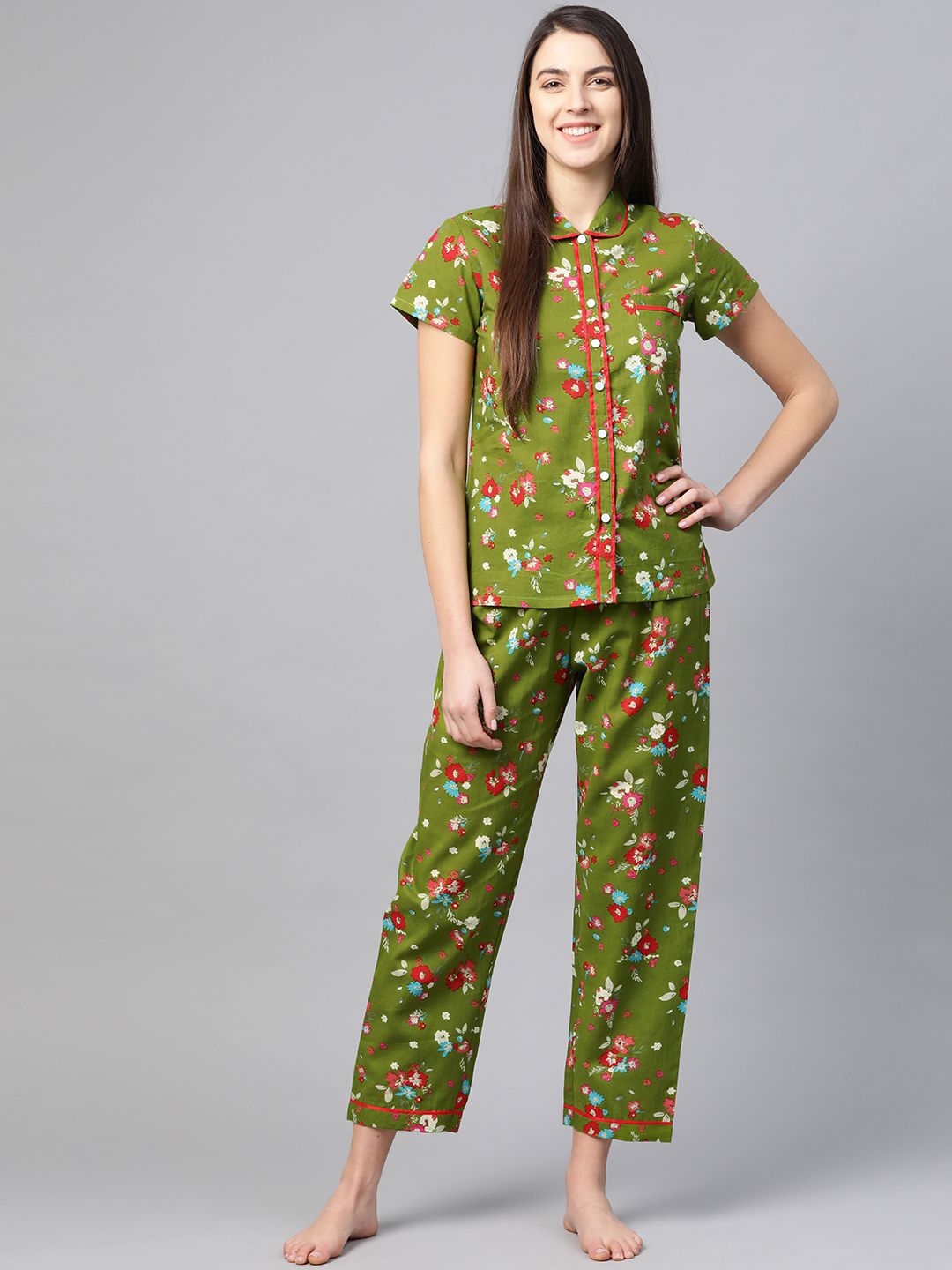 YASH GALLERY Women Green & Red Floral Printed Night Suit Price in India