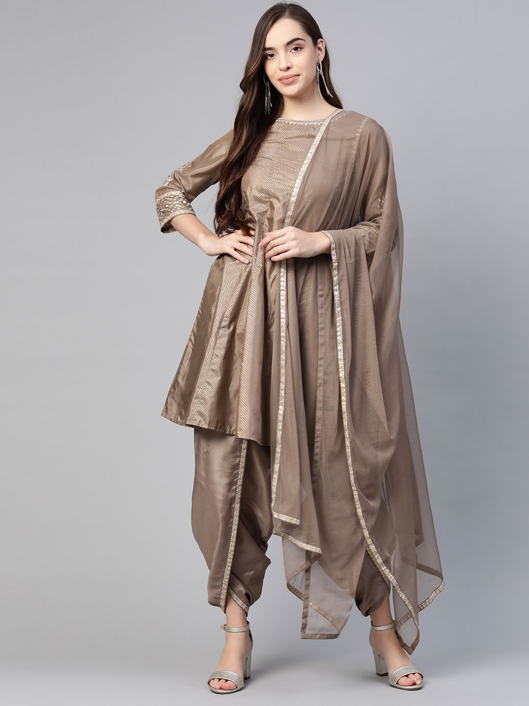 W Women Brown Striped Panelled Sequinned Kurta with Dhoti Pants & Dupatta Price in India