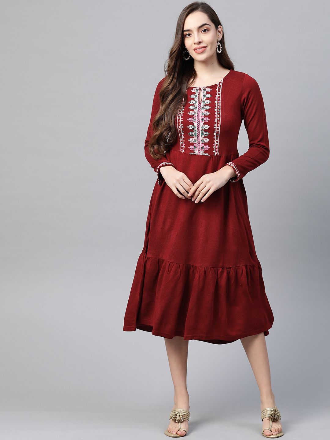 W Women Maroon Ethnic Motifs Keyhole Neck A-Line Acrylic Midi Dress Price in India