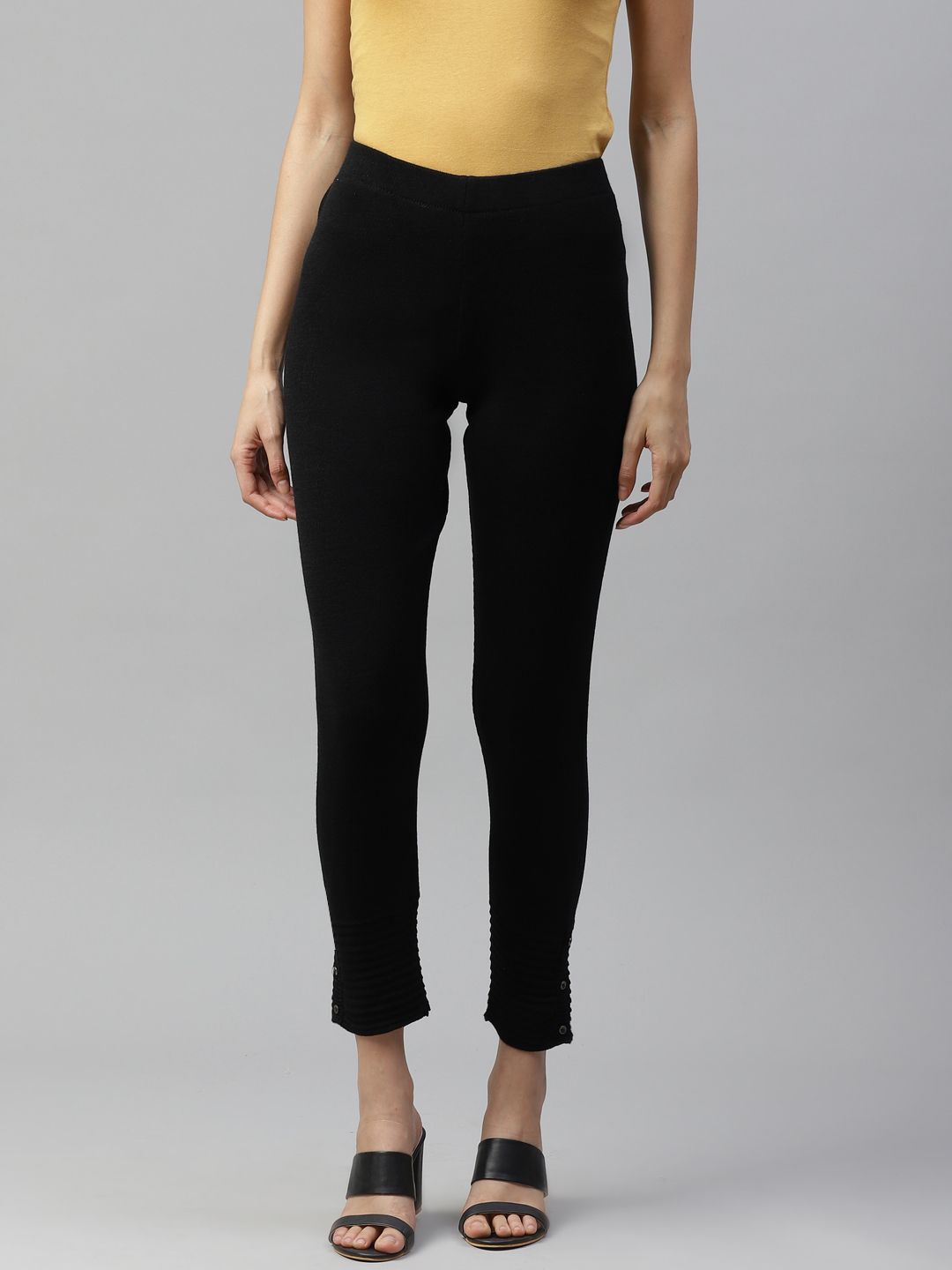 Women W Black Solid Cropped Leggings with Pintucked Hemline Price in India