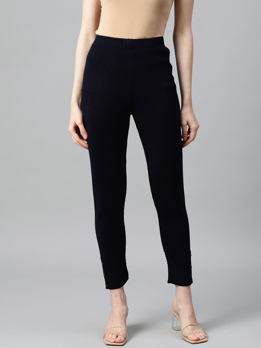 W Women Navy Blue Solid Ankle-Length Winter Leggings Price in India