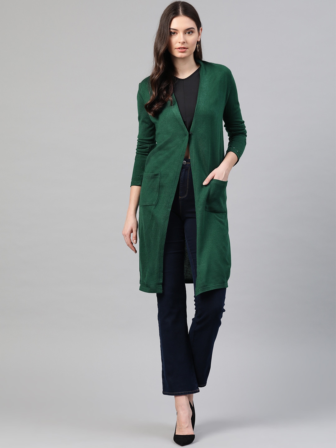 W Women Green Solid Longline Cardigan Price in India