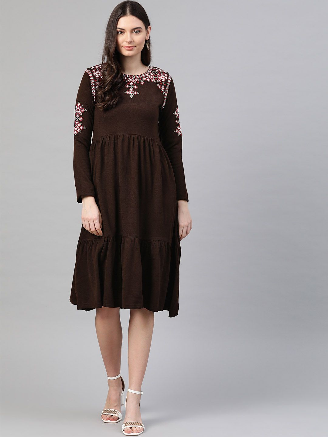 W Women Brown Embroidered Detail A-Line Winter Dress Price in India