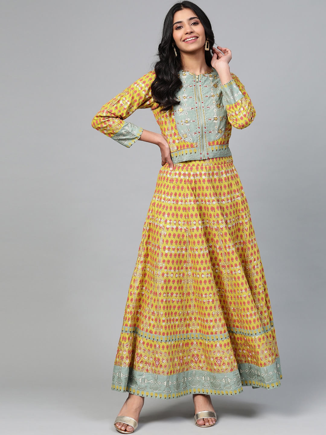 W Women Mustard Yellow & Red Sustainable Printed Top with Skirt Price in India