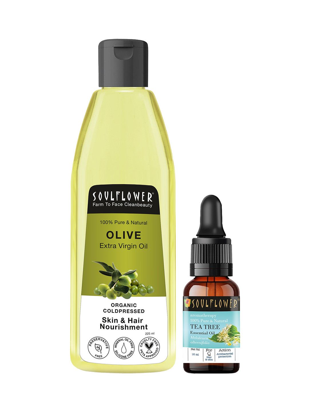Soulflower Set of Olive Hair Oil 225 ml & Tea Tree Essential Oil For Skin  Hair 15 ml