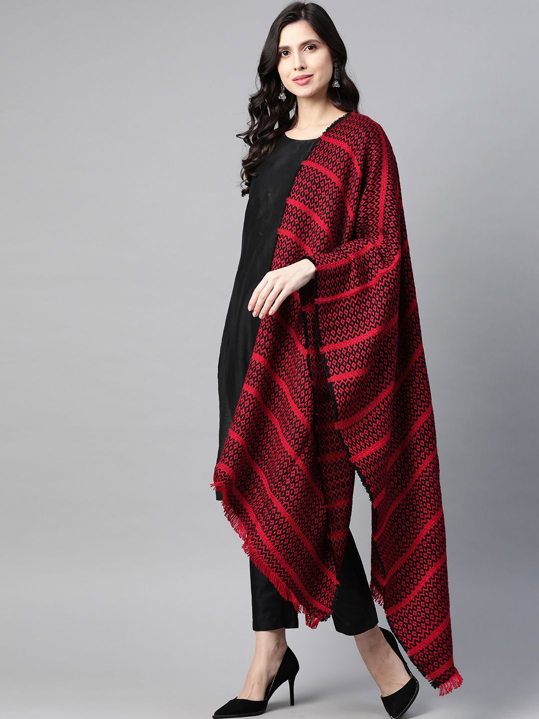 W Women Black and Red Geometric Woven Design Shawl Price in India