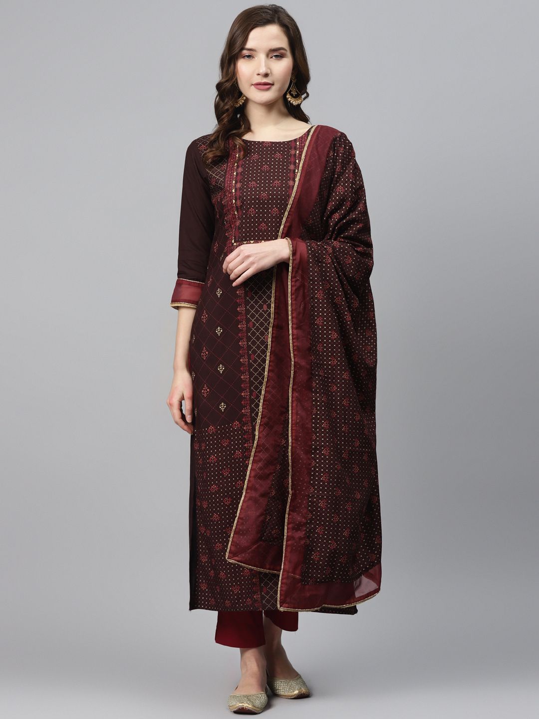 Indo Era Women Coffee Brown & Maroon Foil Print Kurta with Trousers & Dupatta Price in India