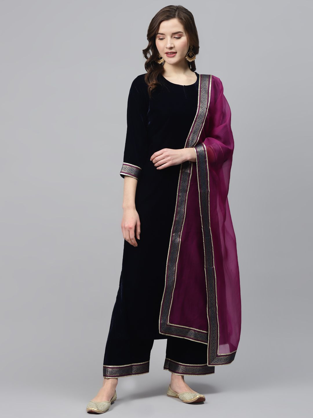 Indo Era Women Navy Blue & Magenta Solid Velvet Kurta with Palazzos & Dupatta Price in India