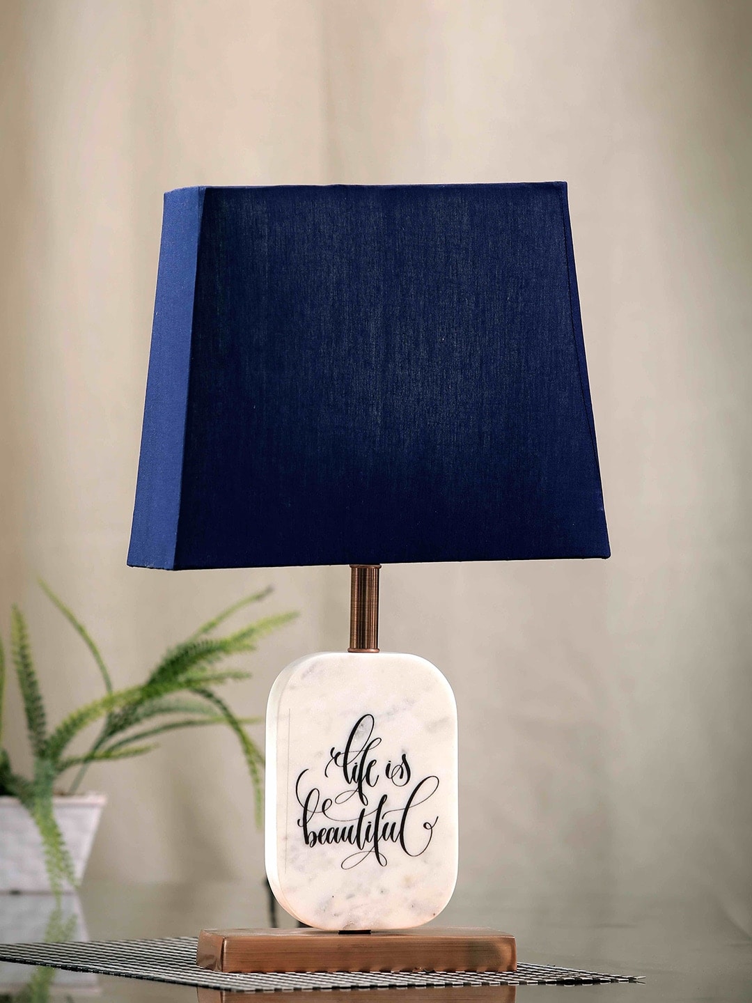 POSH-N-PLUSH Blue Marble Lamp With Copper Antique Finish Metal Base & Shade Price in India