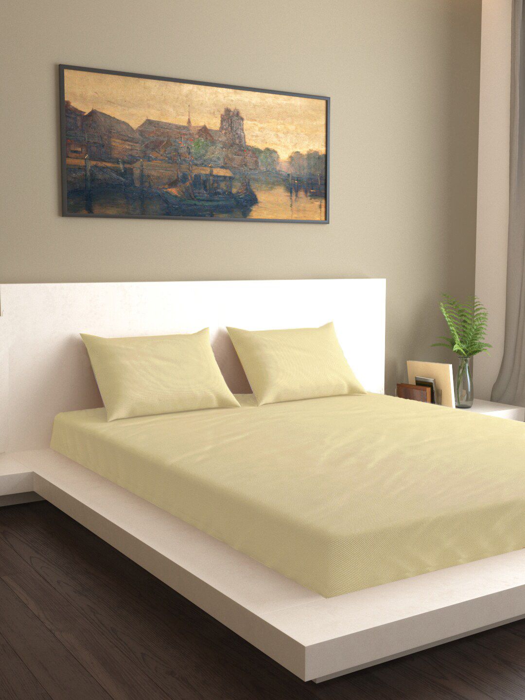 MARK HOME Cream Coloured Solid 100% Cotton 200 TC Double Queen Bedsheet With 2 Pillow Covers Price in India