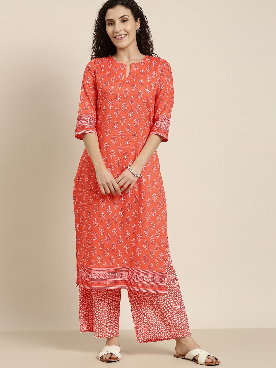 Vishudh Women Pure Cotton Coral & Red Printed Kurta with Trousers Price in India