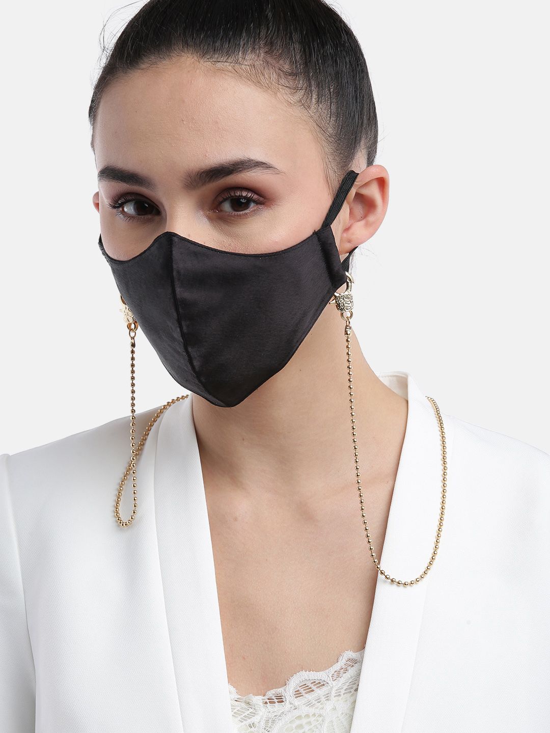 Blueberry Women Black Reusable 2-Ply Outdoor Satin Mask with Detachable Chain Strap Price in India