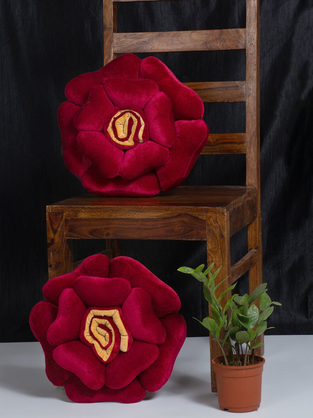 HOSTA HOMES Set Of 2 Maroon & Yellow Flower Shaped Cushions Price in India