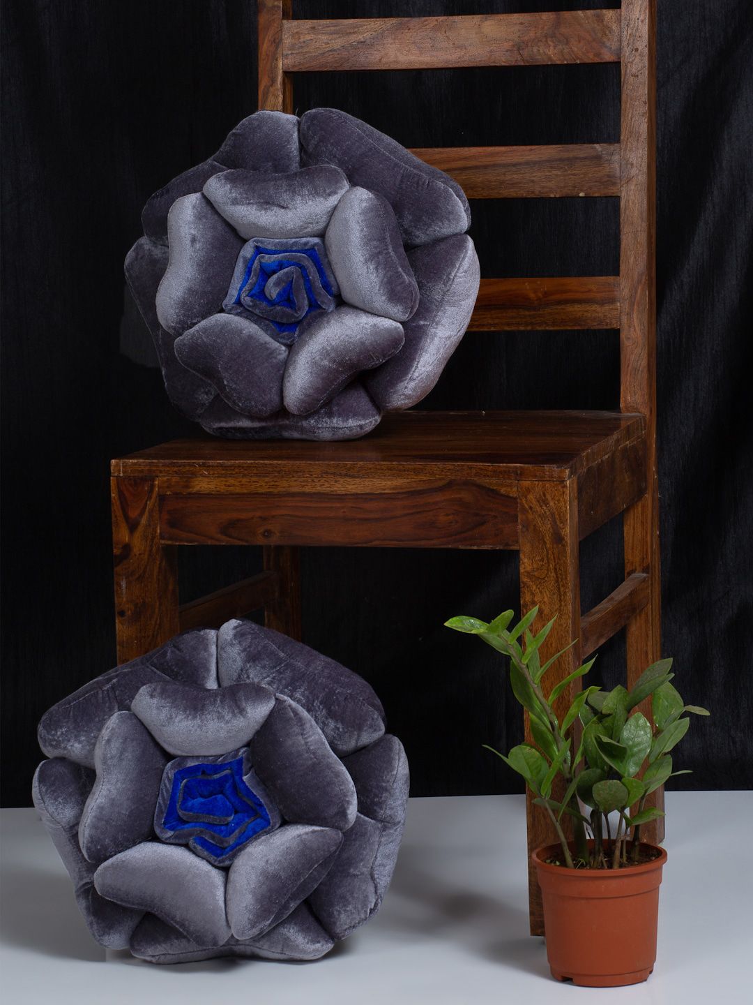 HOSTA HOMES Set Of 2 Grey & Blue Flower Shaped Cushions Price in India