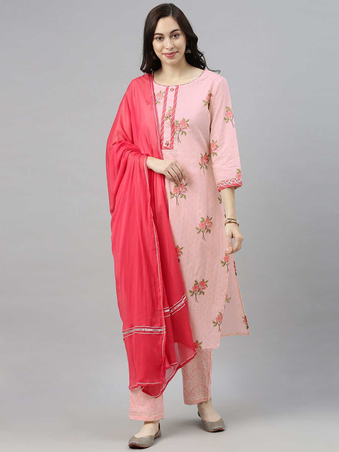 AHIKA Women Pink Printed Kurta with Trousers & Dupatta Price in India