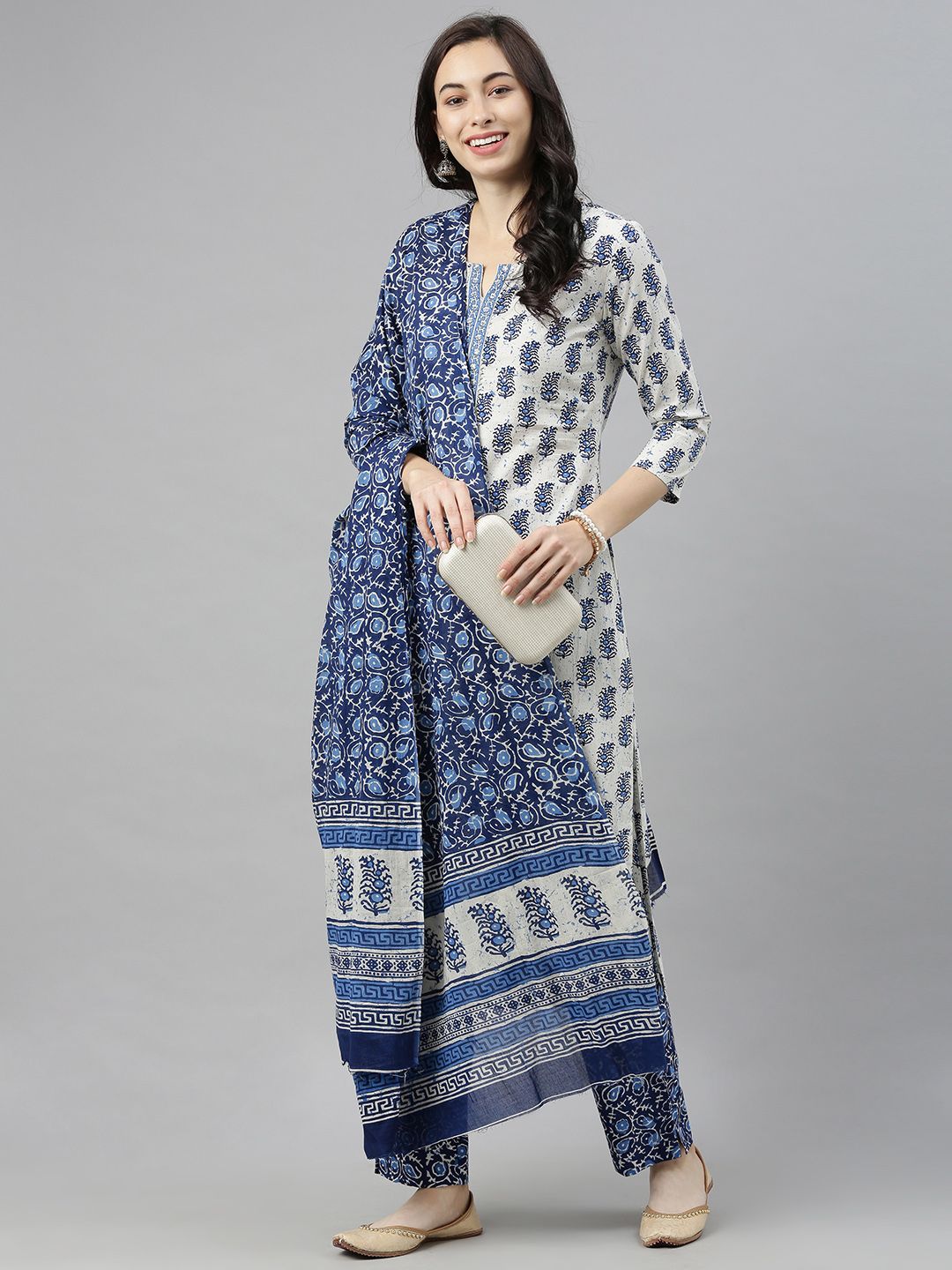 AHIKA Women White & Navy Blue Printed Kurta with Trousers & Dupatta Price in India