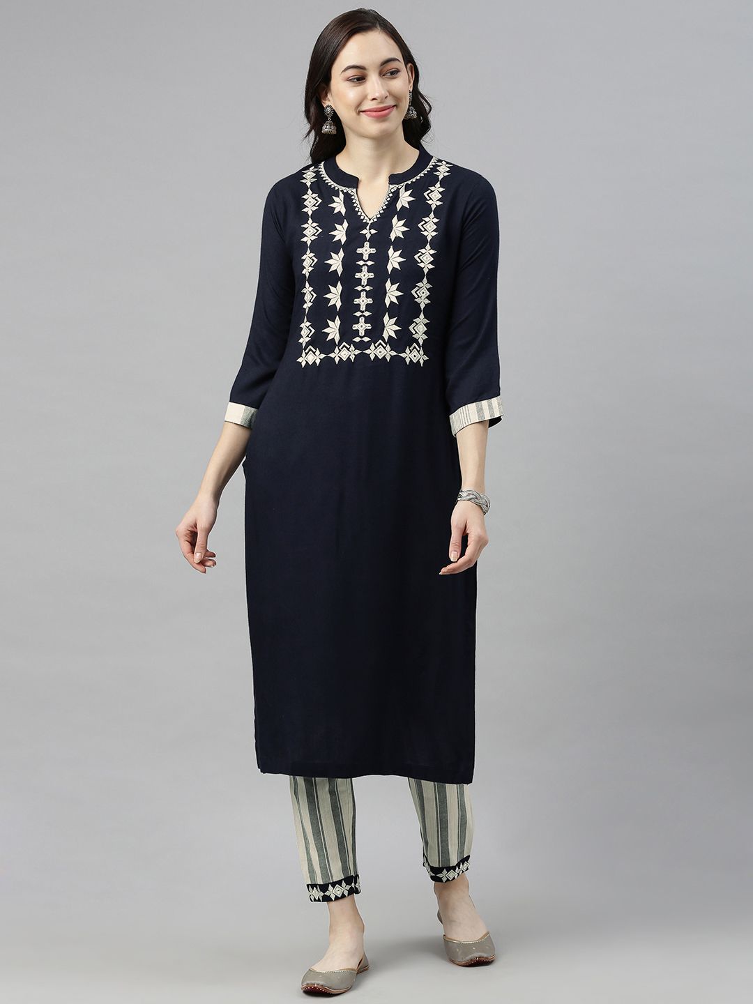 AHIKA Women Navy Blue & Beige Embroidered Kurta with Trousers