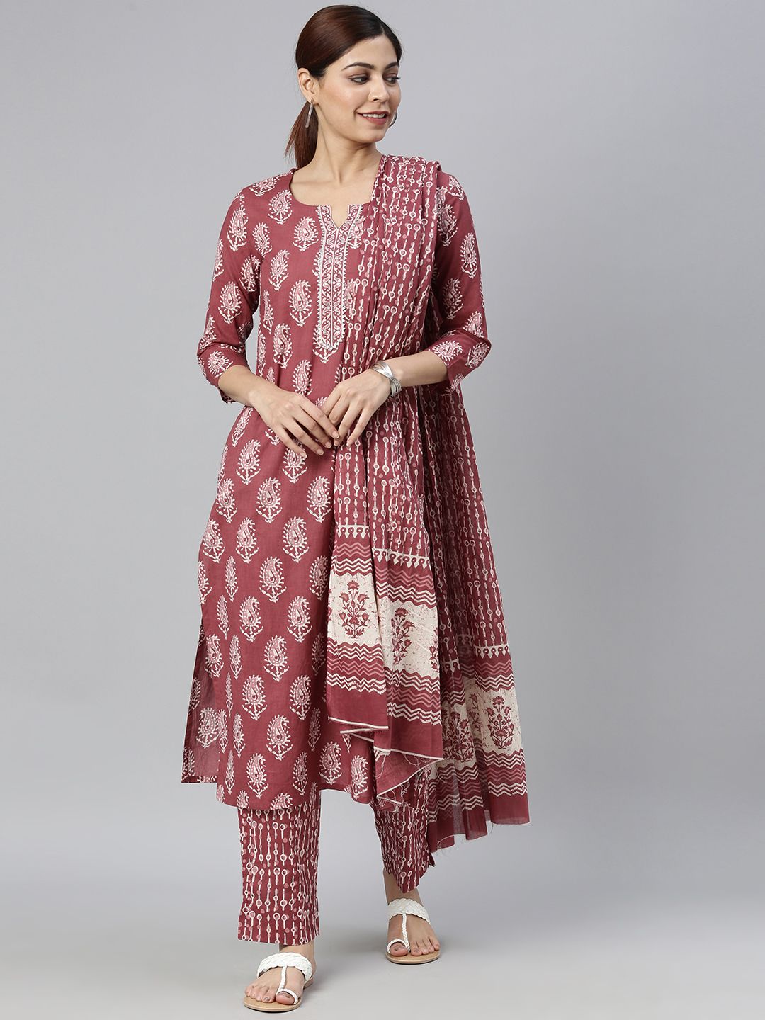 AHIKA Women Burgundy & Off-White Printed Kurta with Trousers & Dupatta Price in India