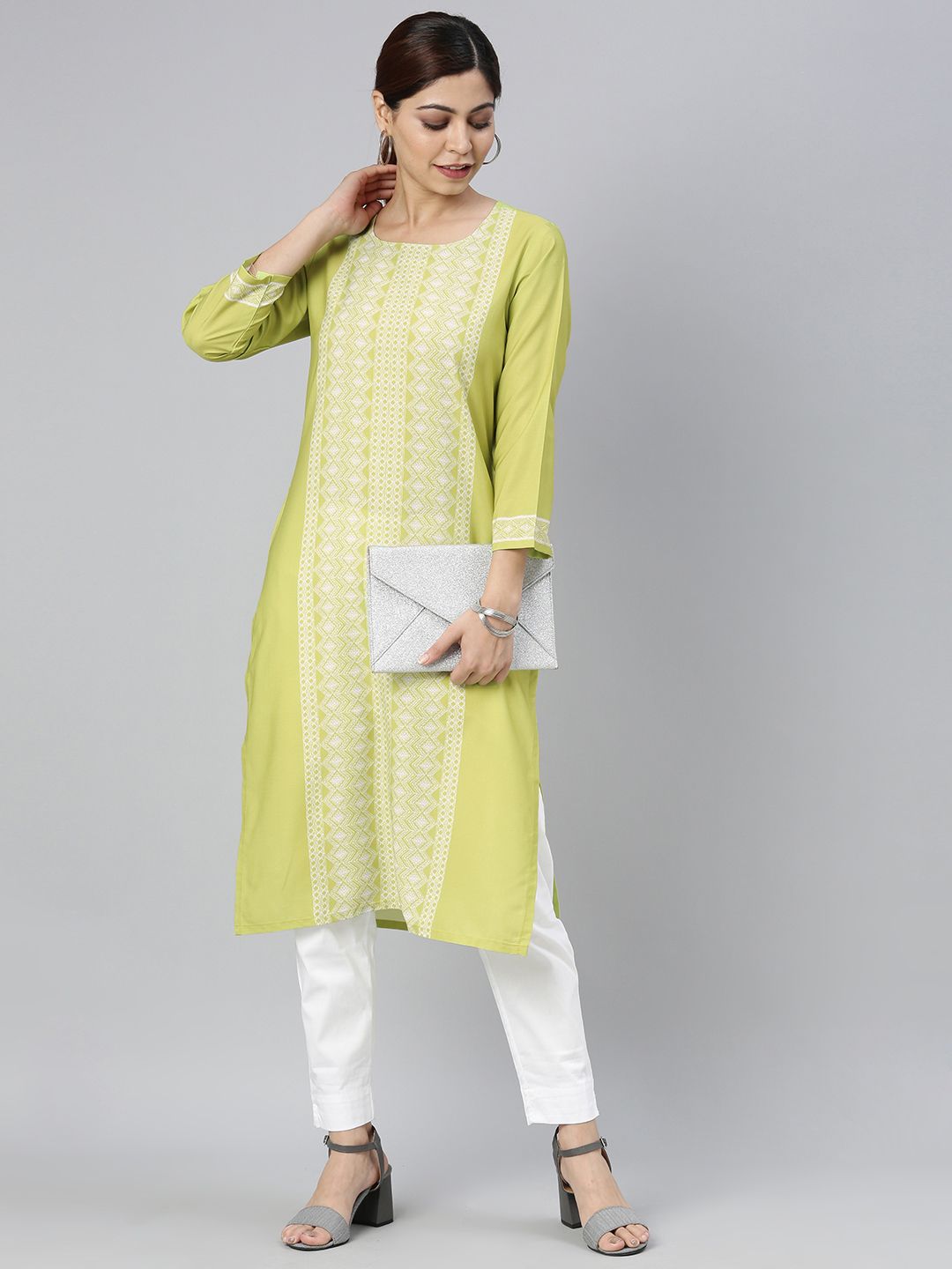 AHIKA Women Lime Green Leheriya Printed Kurta Price in India