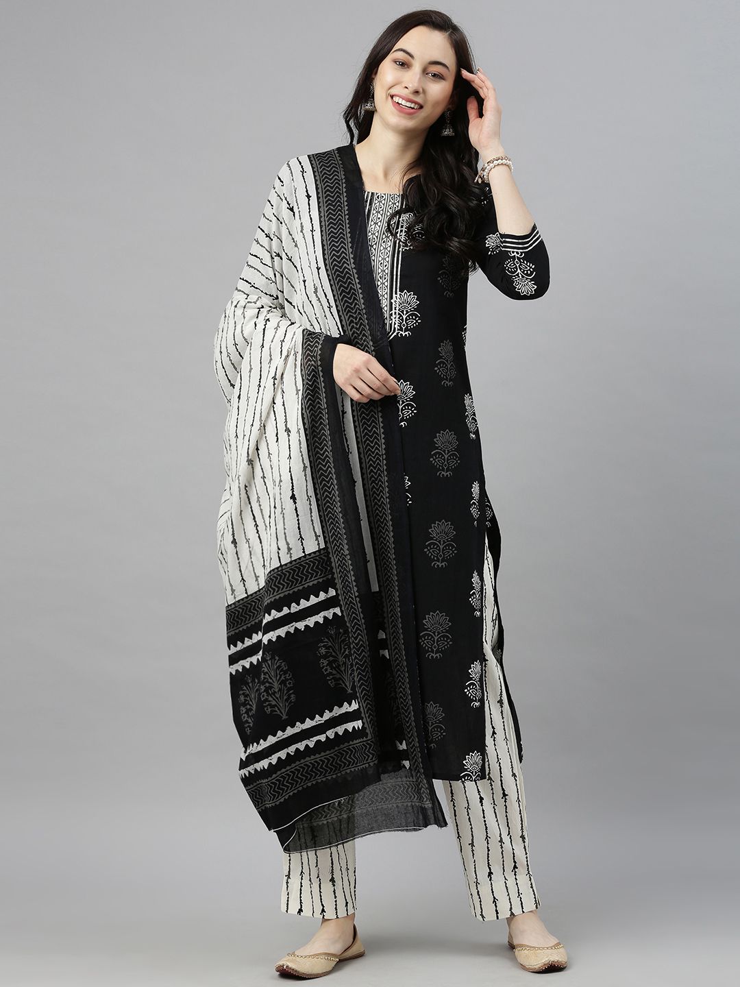 AHIKA Women Black & White Printed Kurta with Trousers & Dupatta Price in India