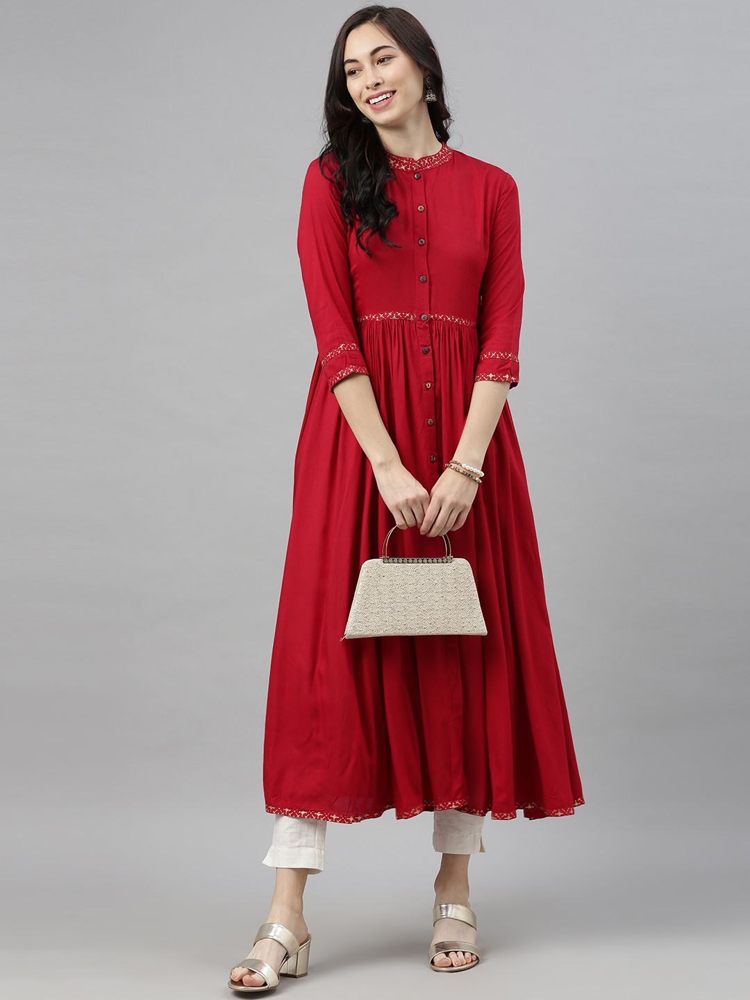 AHIKA Women Red Solid Mandarin Collar Kurta Price in India