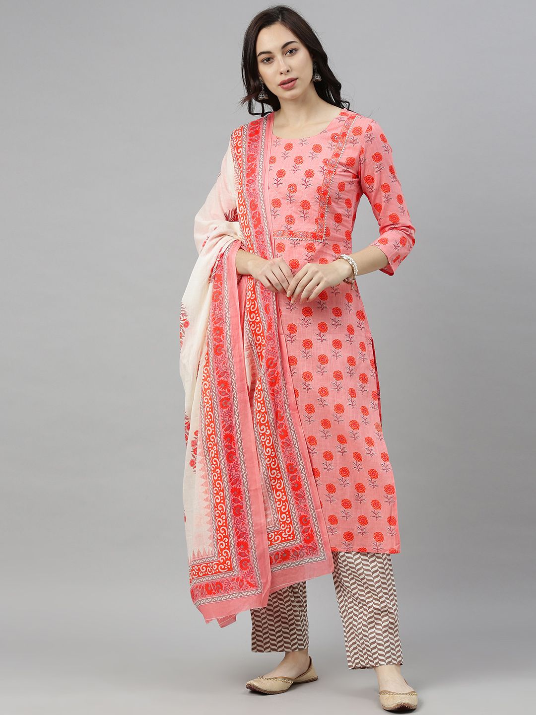 AHIKA Women Pink & Off-White Printed Kurta with Trousers & Dupatta Price in India