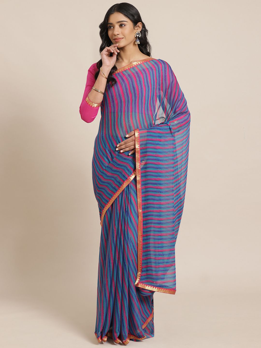 Saree mall Blue & Pink Striped Leheriya Saree Price in India