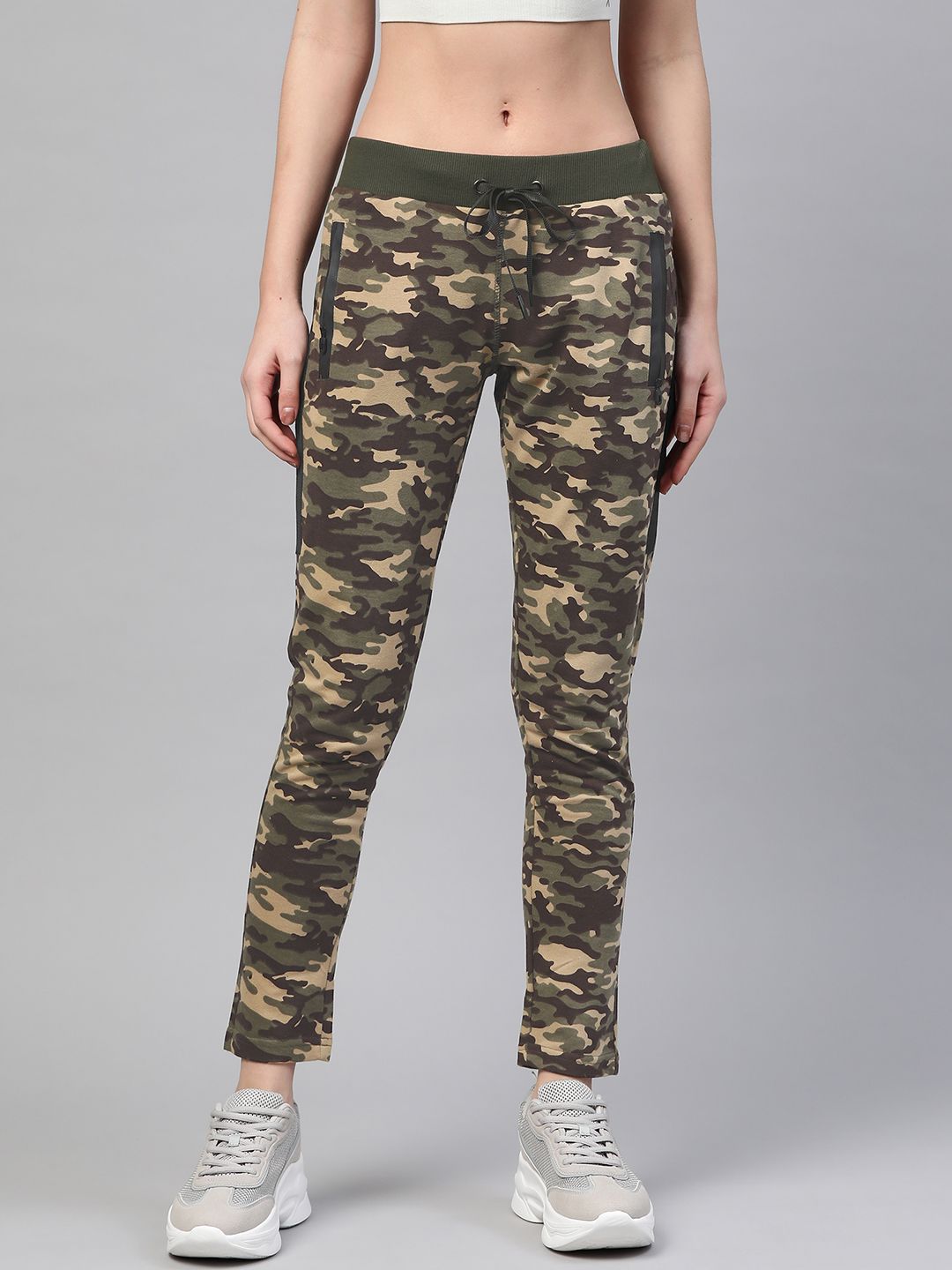 M7 by Metronaut Women Olive Green & Brown Camouflage Print Slim Fit Track Pants Price in India