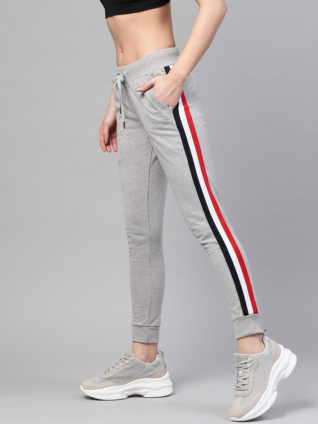 M7 by Metronaut Women Grey Melange Side Stripe Slim Fit Track Pants Price in India