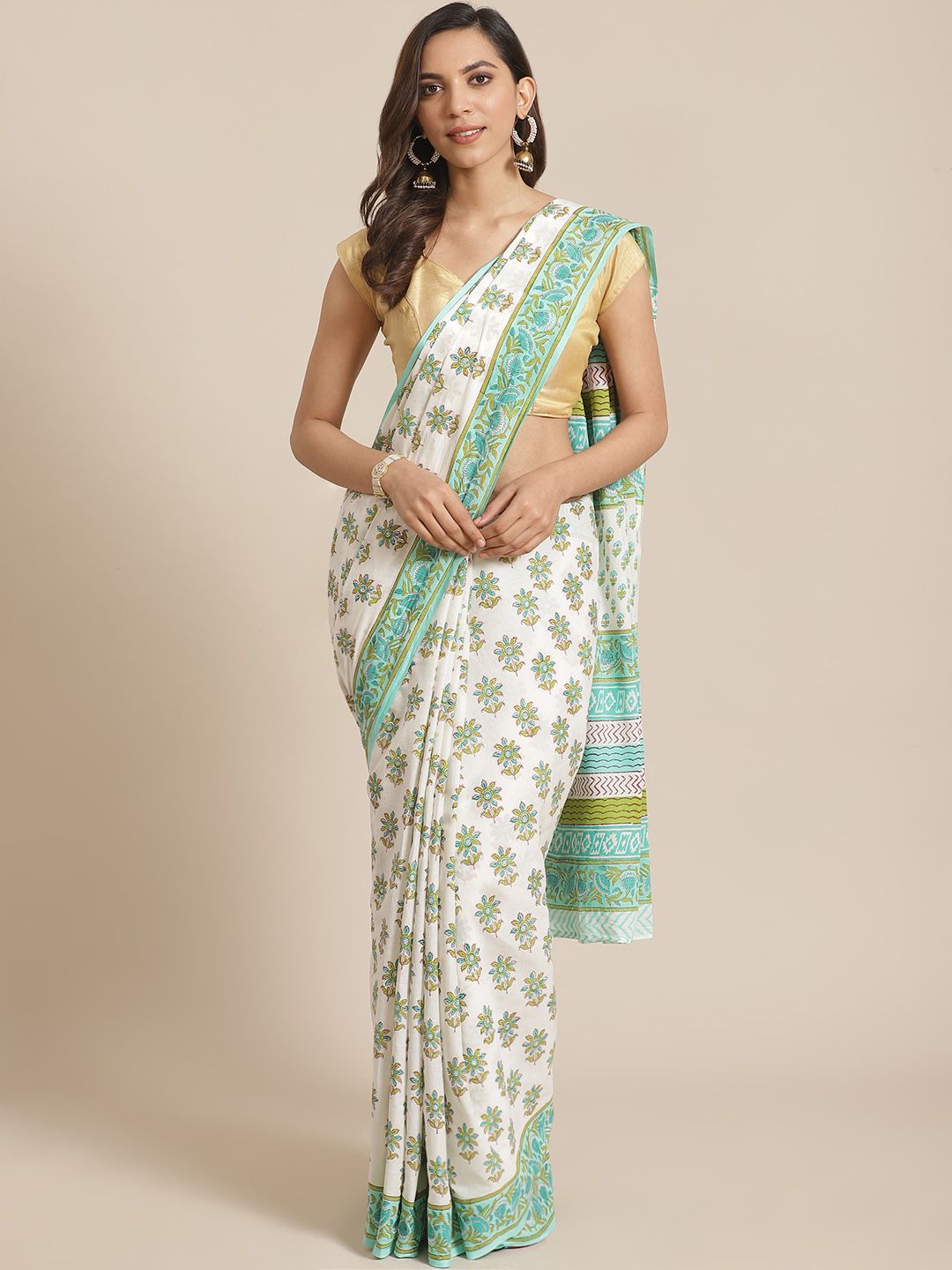 Libas White & Green Pure Cotton Printed Saree