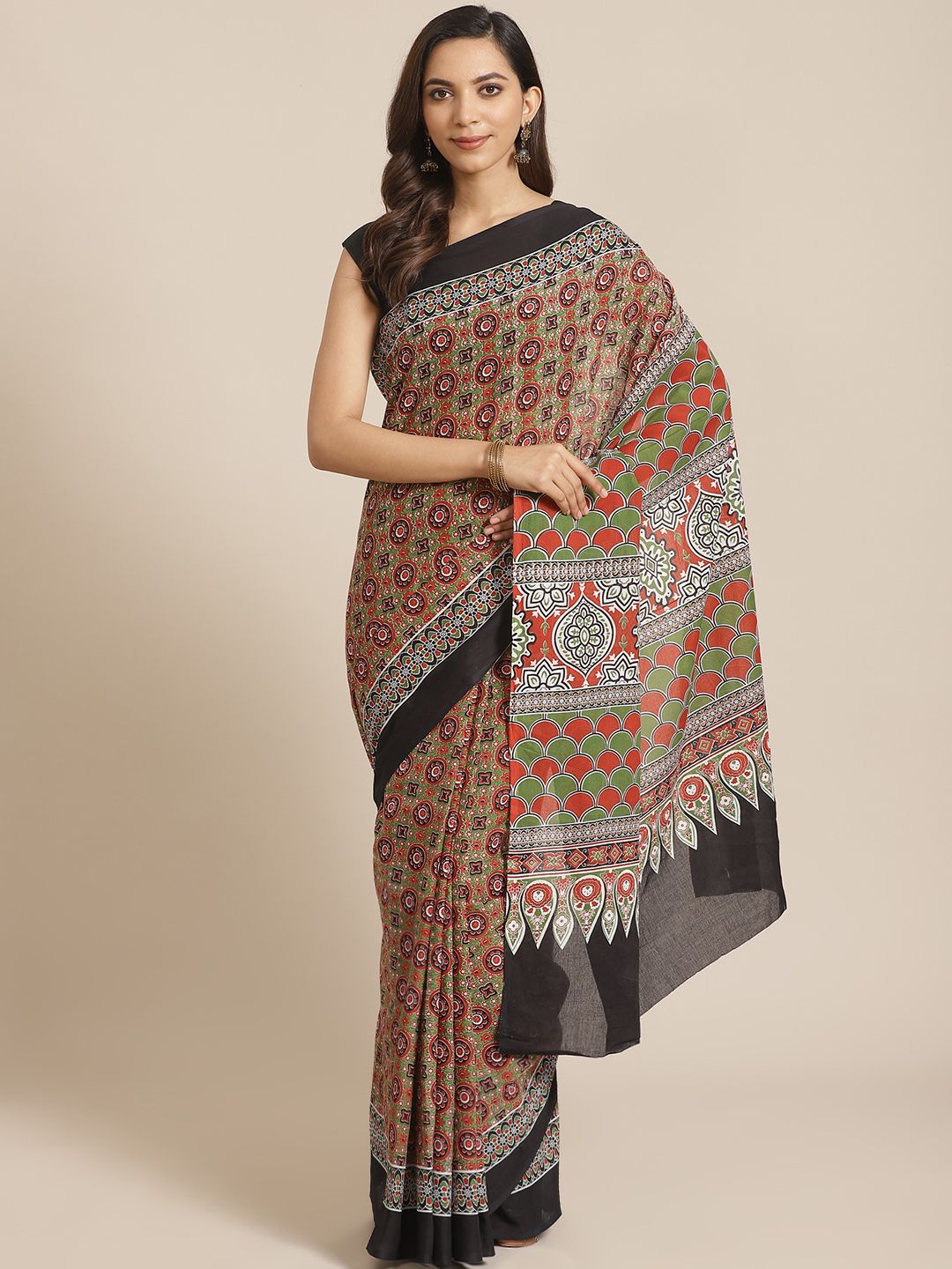 Libas Green & Red Pure Cotton Printed Saree
