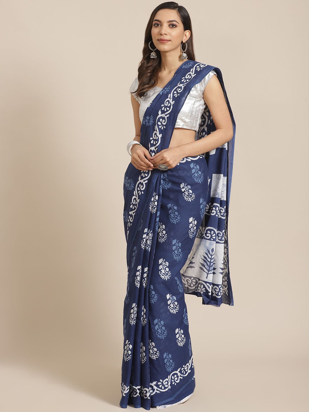 Libas Navy Blue & White Pure Cotton Ethnic Motif Print Saree