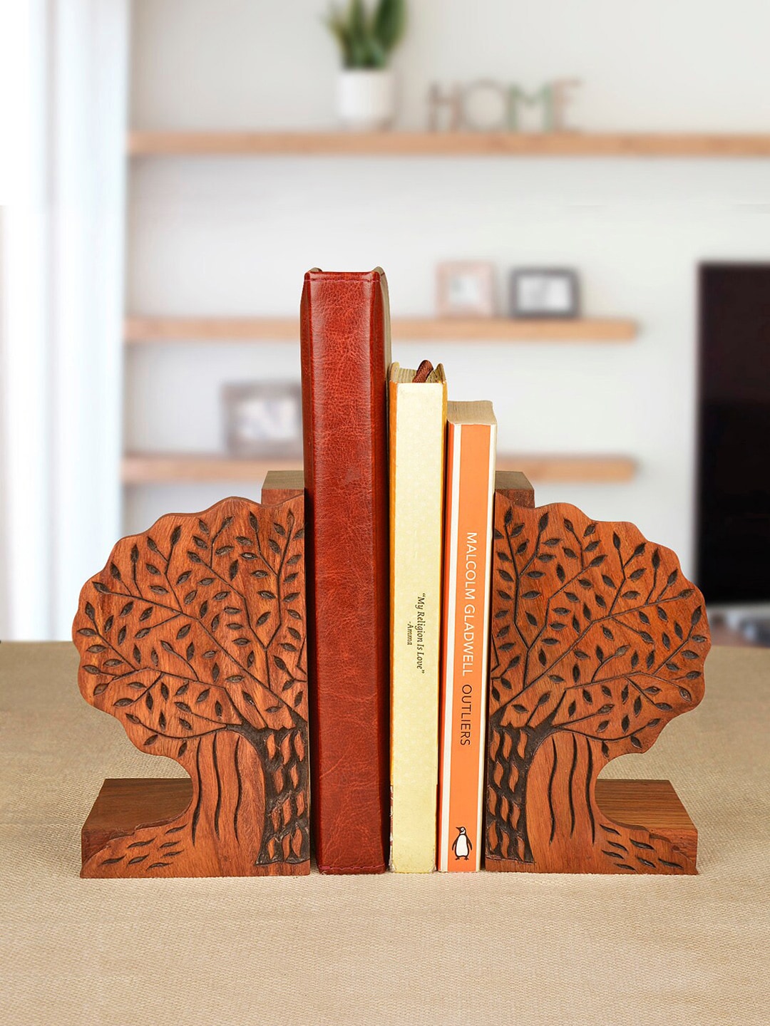 StyleMyWay Set of 2 Brown Tree-Shaped Engraved Sheesham Wood Book Ends Price in India