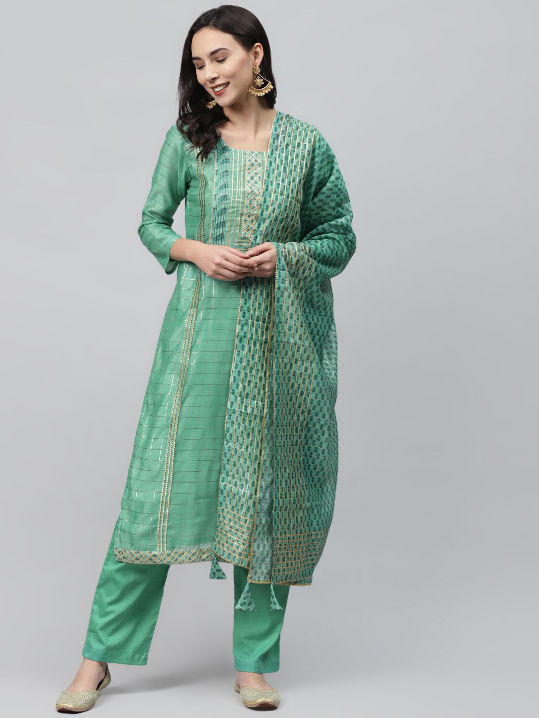 Readiprint Fashions Green & Golden Printed Unstitched Dress Material Price in India