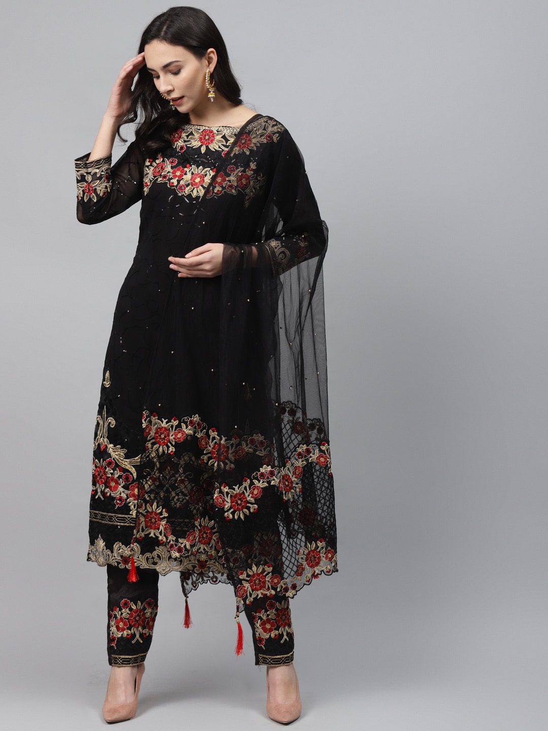 Readiprint Fashions Black & Red Embellished Semi-Stitched Dress Material Price in India