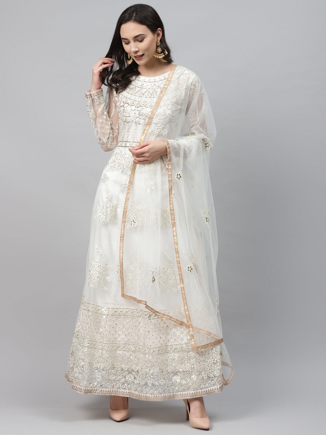 Readiprint Fashions White & Golden Net Embroidered Semi-Stitched Dress Material Price in India