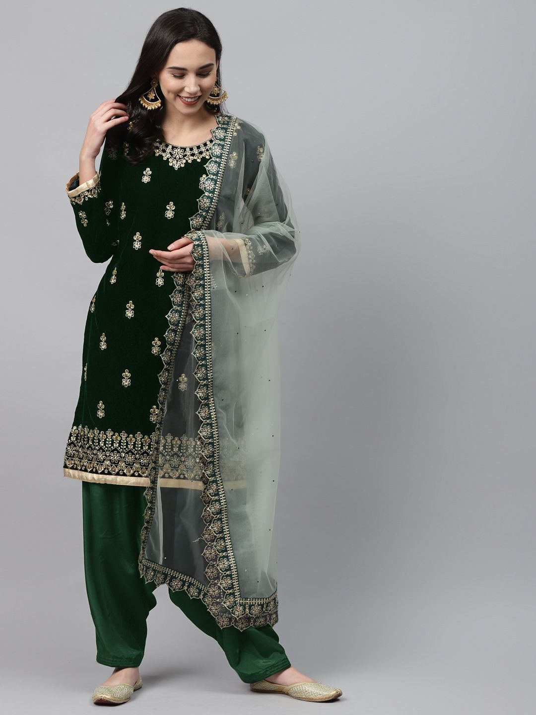 Readiprint Fashions Green & Golden Embroidered Velvet Semi-Stitched Dress Material Price in India