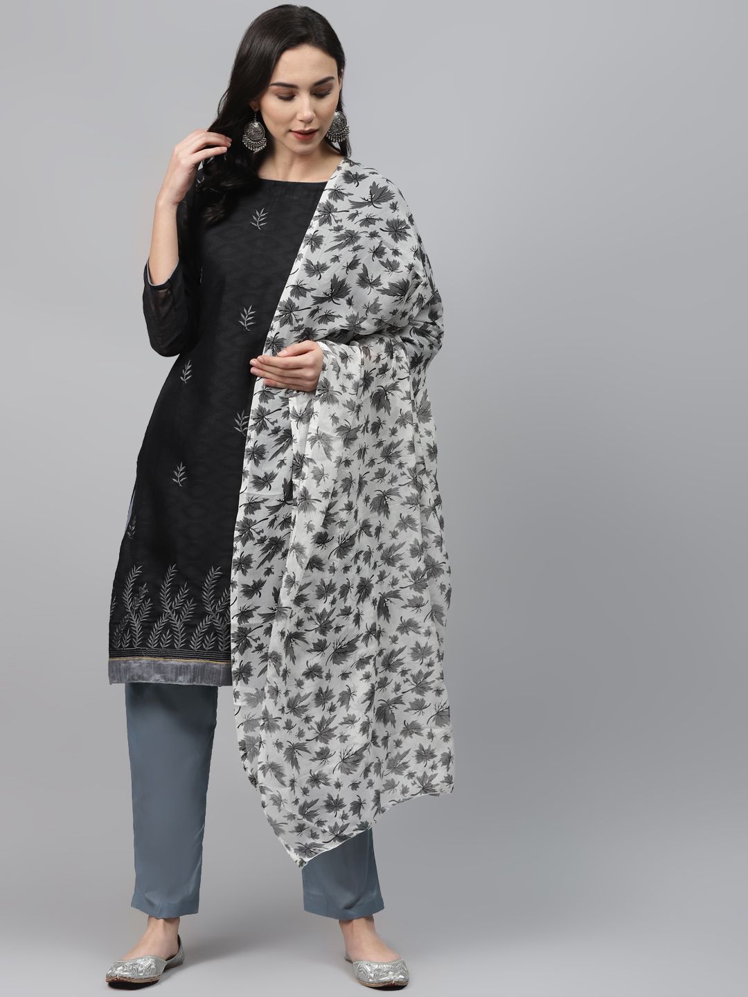 Readiprint Fashions Black & Grey Embroidered Jacquard Semi-Stitched Dress Material Price in India