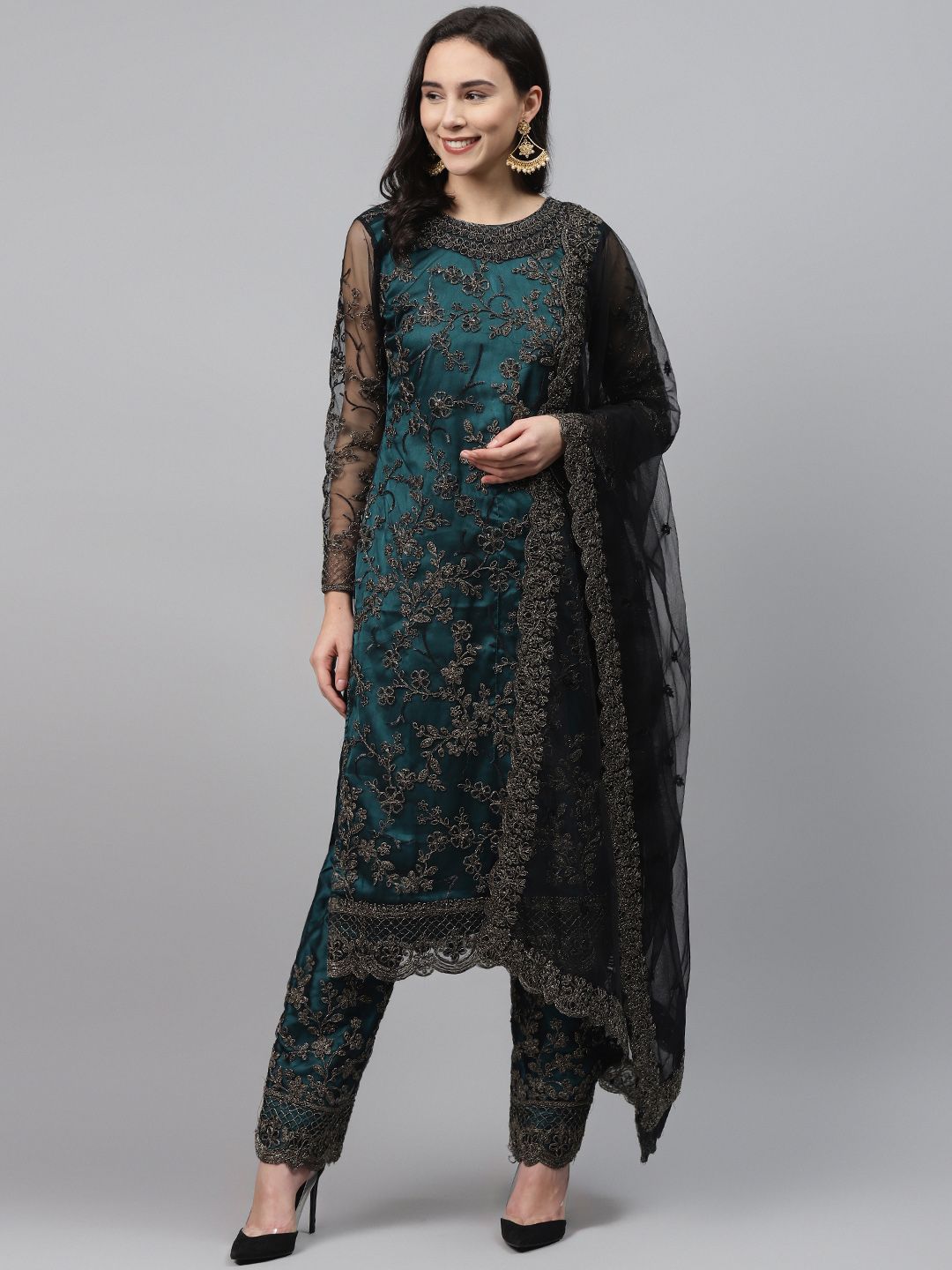 Readiprint Fashions Teal Green & Black Net Embroidered Semi-Stitched Dress Material Price in India