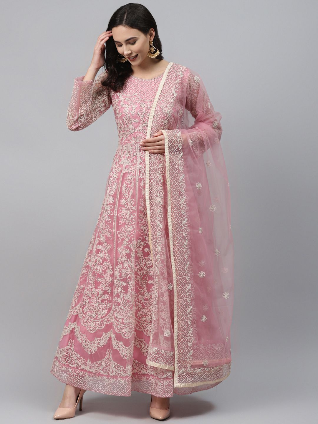 Readiprint Fashions Pink & Beige Net Embroidered Semi-Stitched Dress Material Price in India