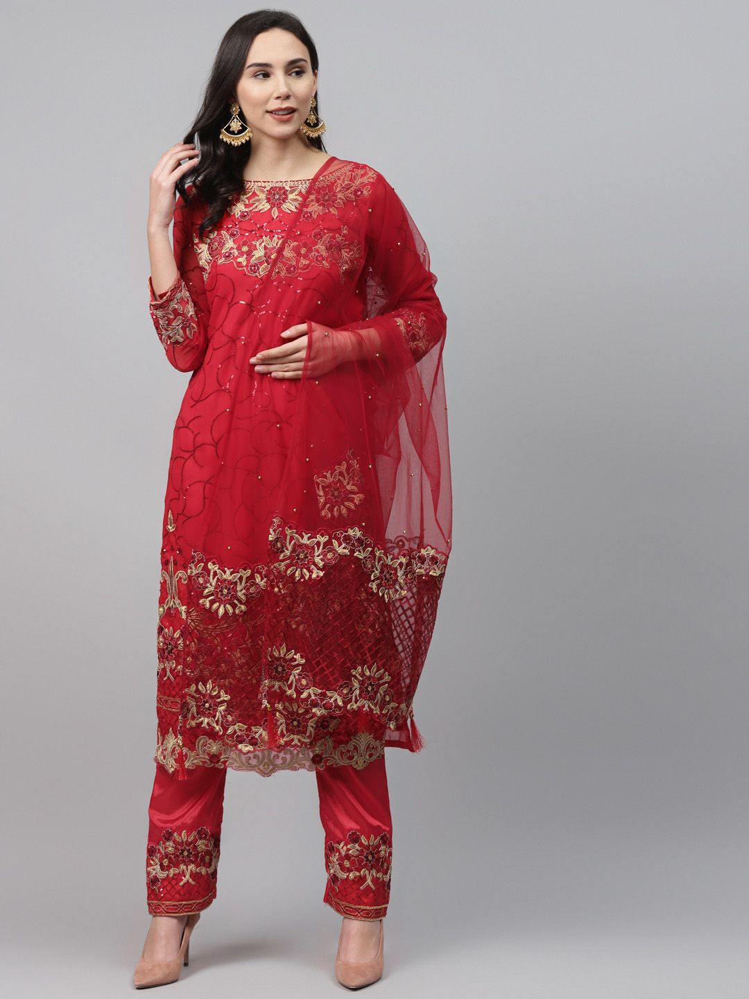 Readiprint Fashions Red & Golden Sequinned Semi-Stitched Dress Material Price in India